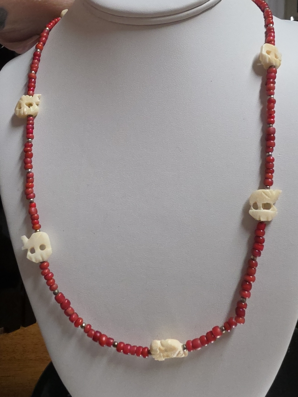 Vintage Hand Carved Bone Elephant & Red Coral Bead Necklace Asian Filigree Clasp